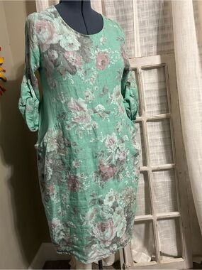 Helga May Floral Mint Green Linen Blend Shift Dress big pockets large- XLarge